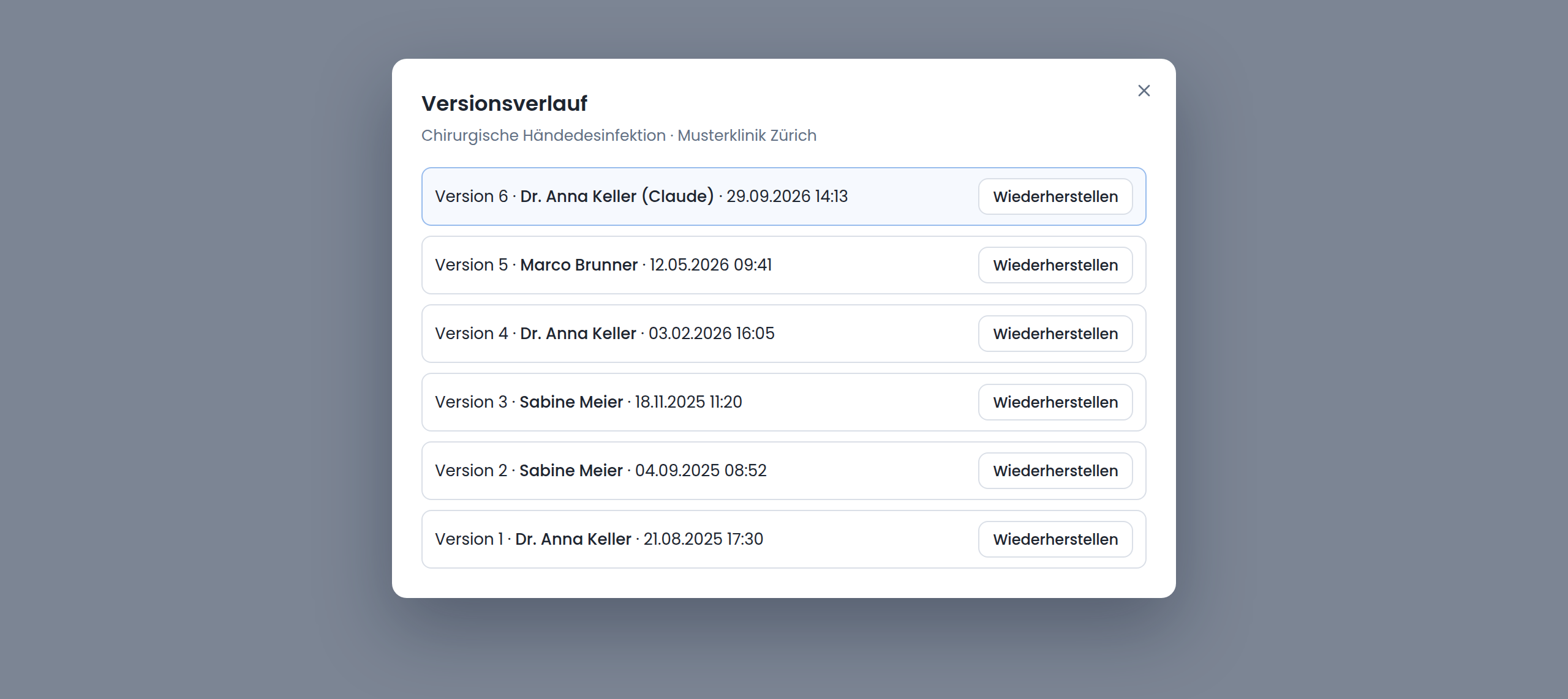 The version history of an SOP in Viali: the newest version by Dr. Anna Keller (Claude), below it earlier versions by other people, each with a Restore button