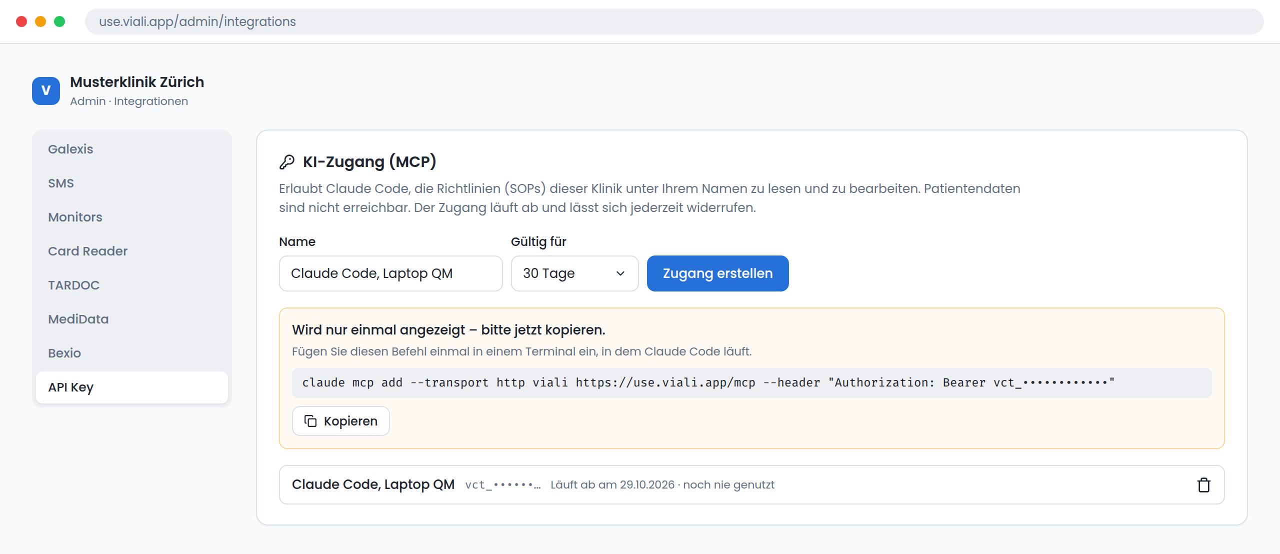 The AI access (MCP) card under Admin, Integrations, API Key: name, validity, the command shown once with the token masked, and the list of accesses