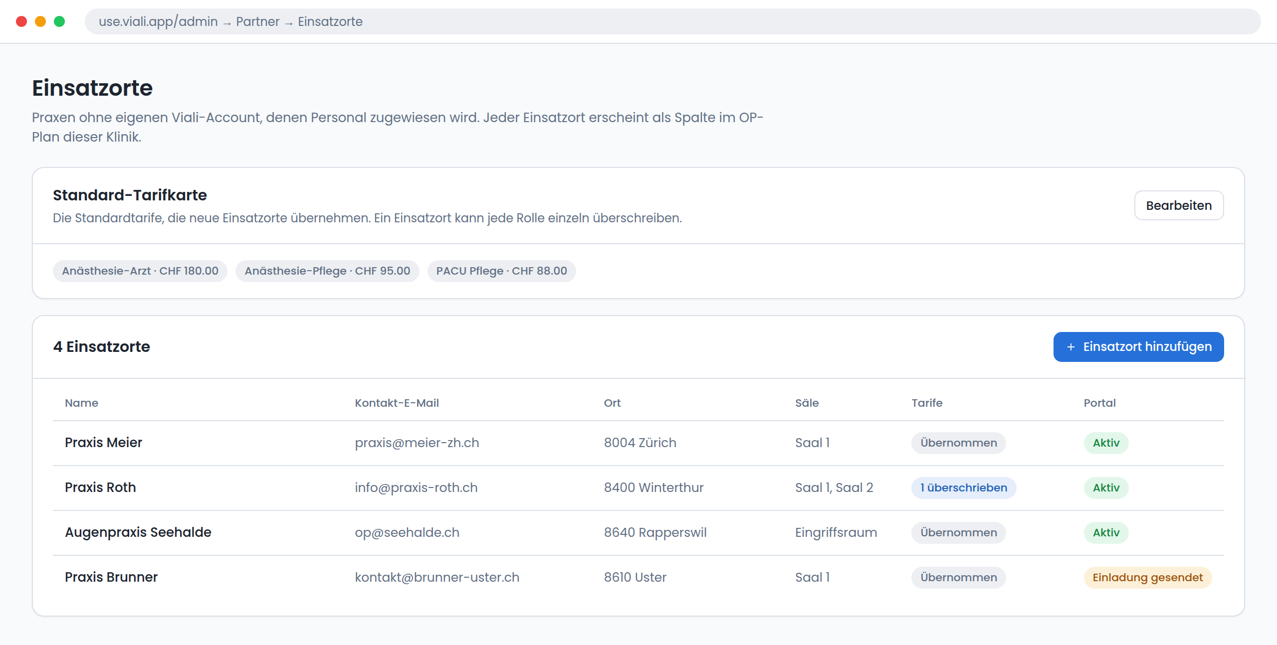 The list of external sites in Viali, above it the standard rate card with a rate per role