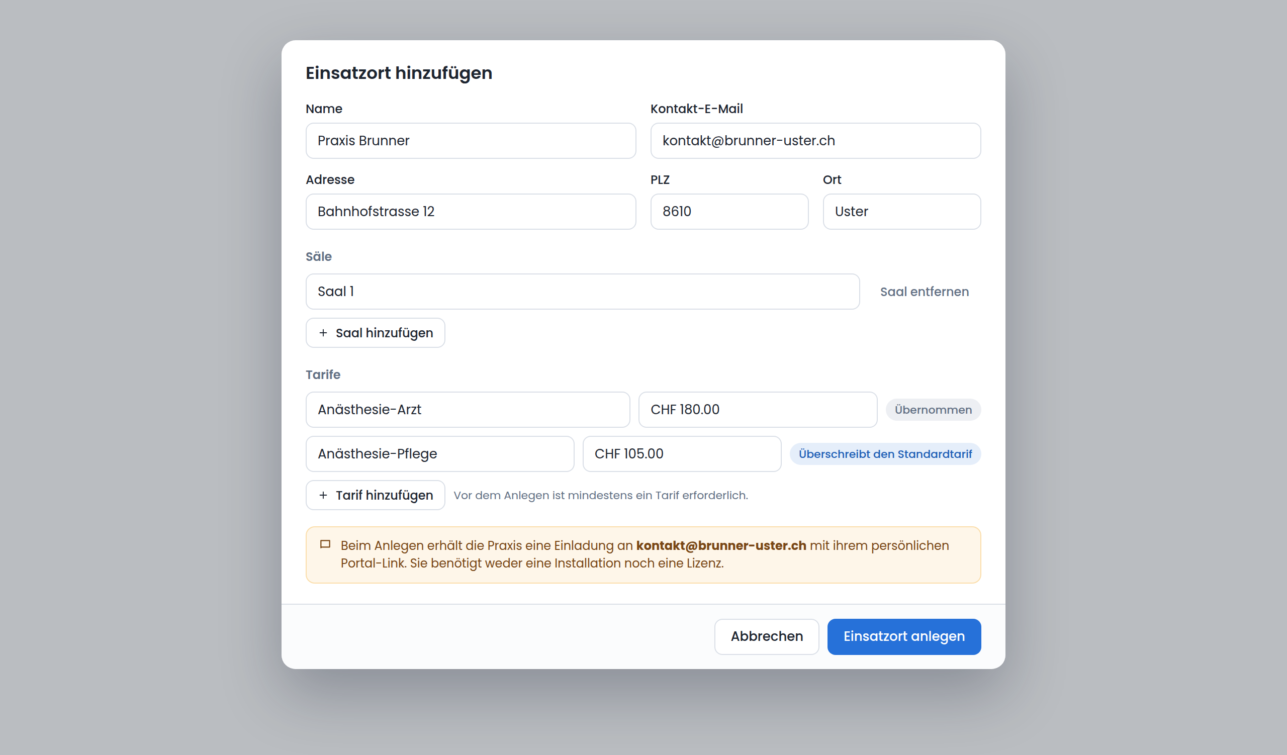 The "add site" dialog with address, rooms and rates, some inherited and some overridden