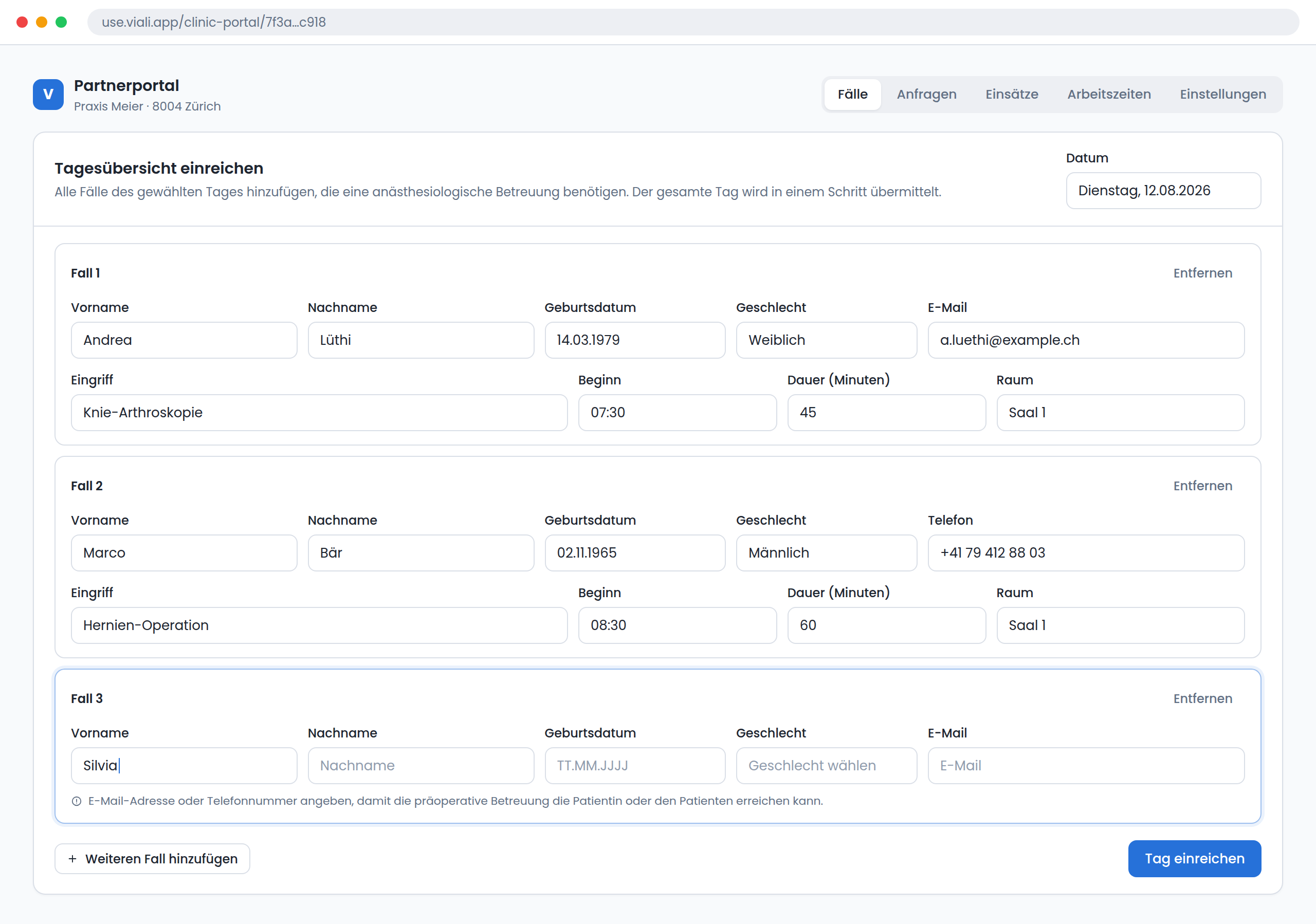 A practice's partner portal with the day-submission form and three cases