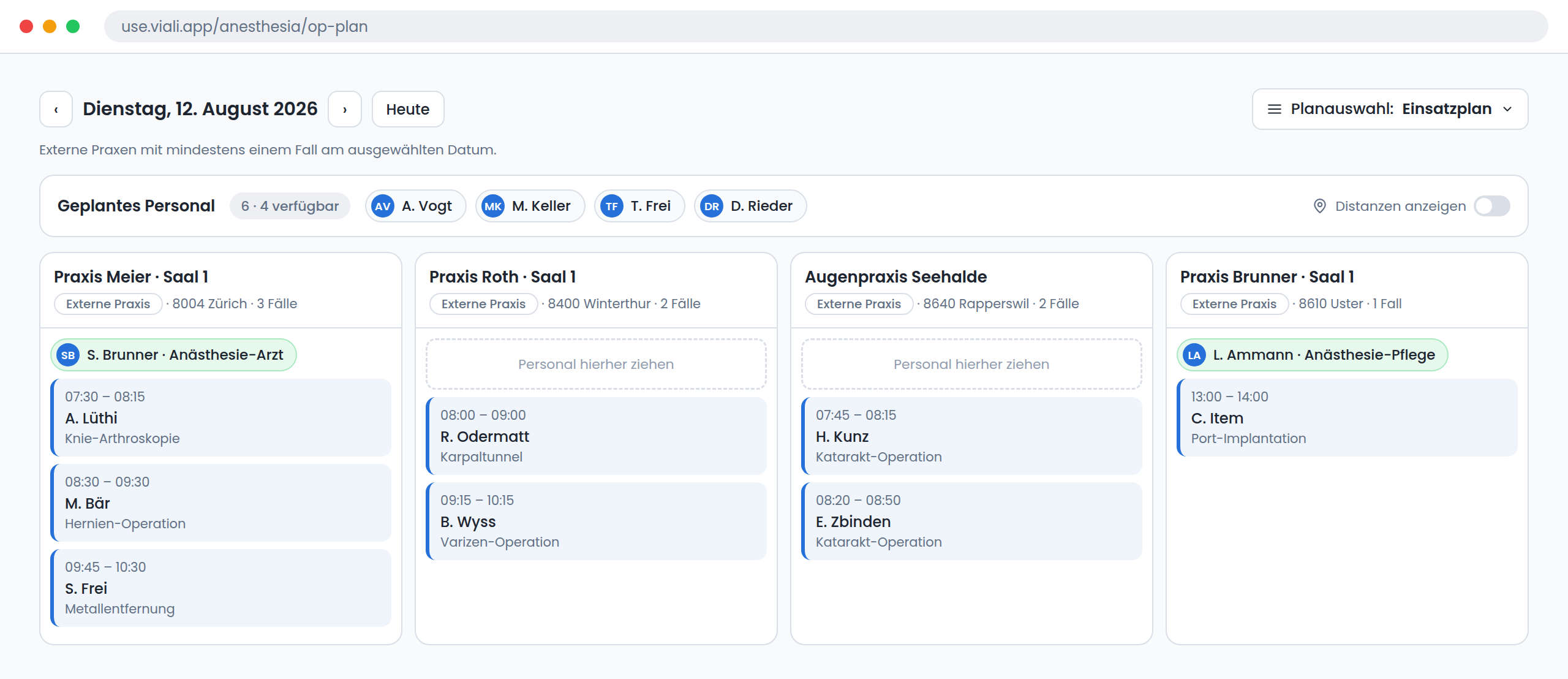 The deployment plan with four practice columns for one day, two of them already staffed