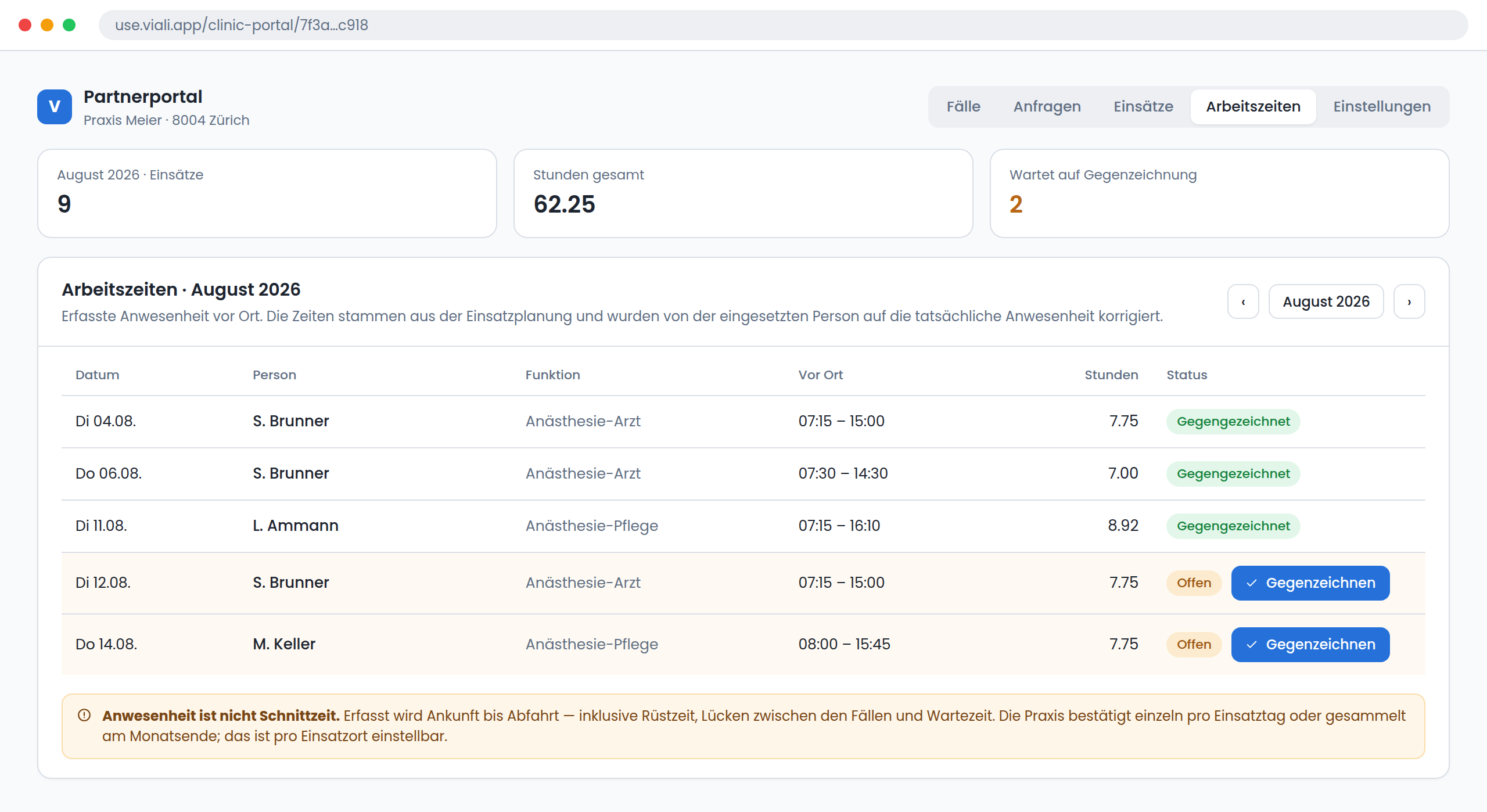 The working-hours tab in the partner portal with countersigned and open entries