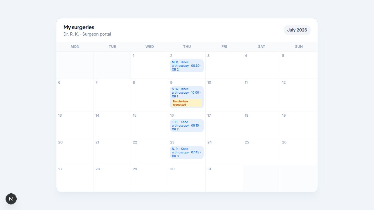 Surgeon portal month calendar showing a surgeon's own scheduled surgeries in Viali