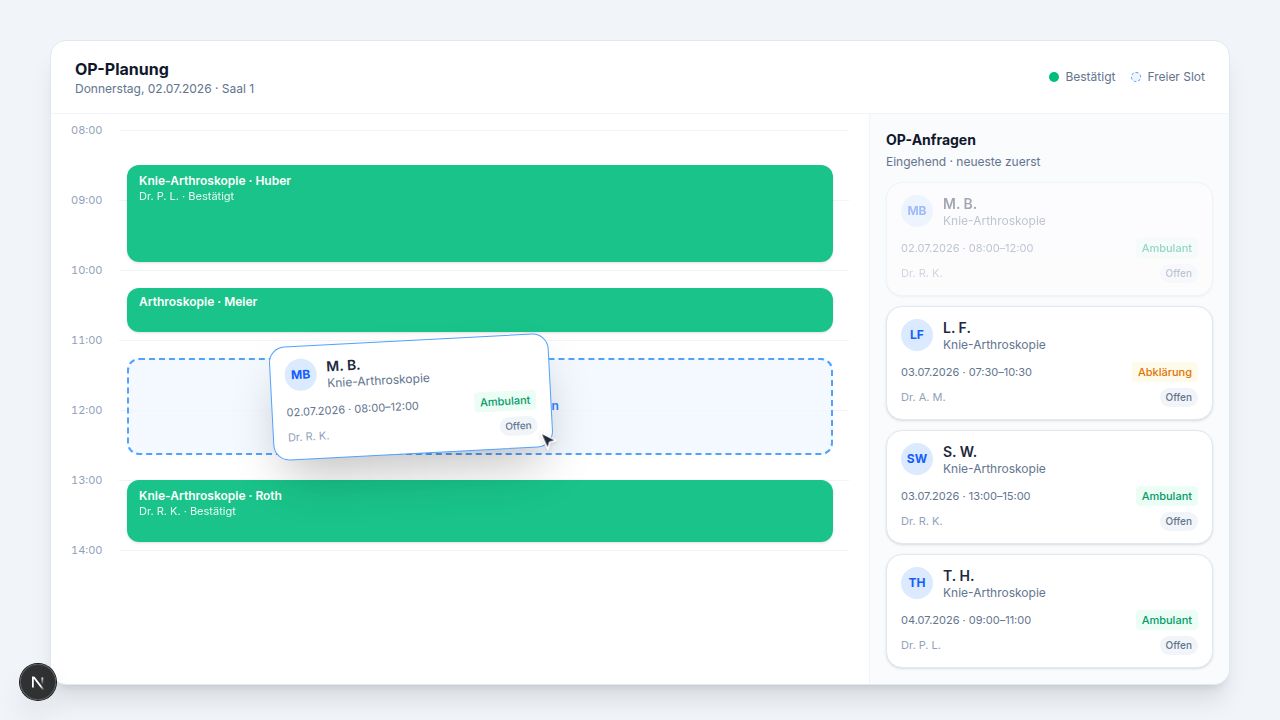 Viali OR planning calendar with a surgery-requests panel beside it, scheduling a request into a free slot by drag and drop