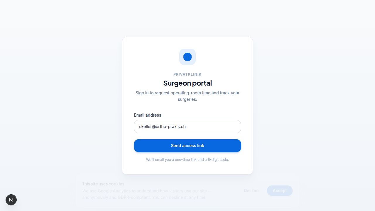 Viali surgeon portal email login screen requesting a one-time access code