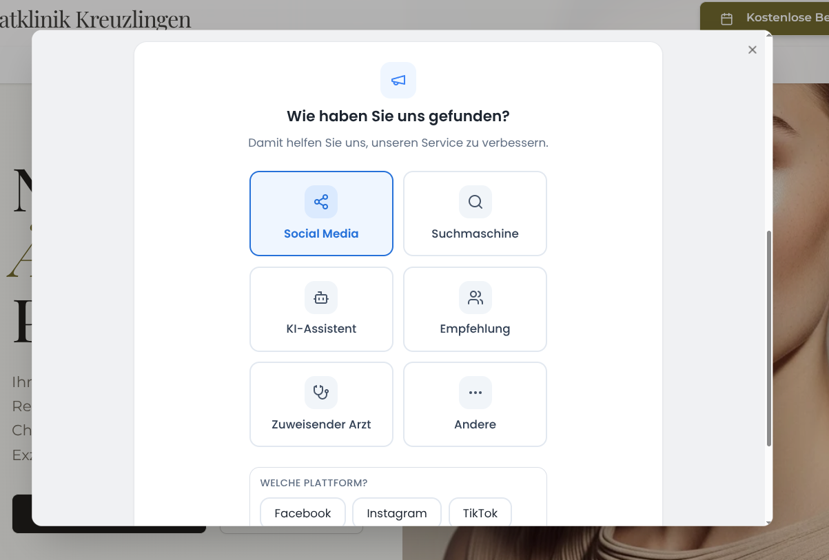 Fallback-Dialog im Buchungsablauf — «Wie haben Sie uns gefunden?»
