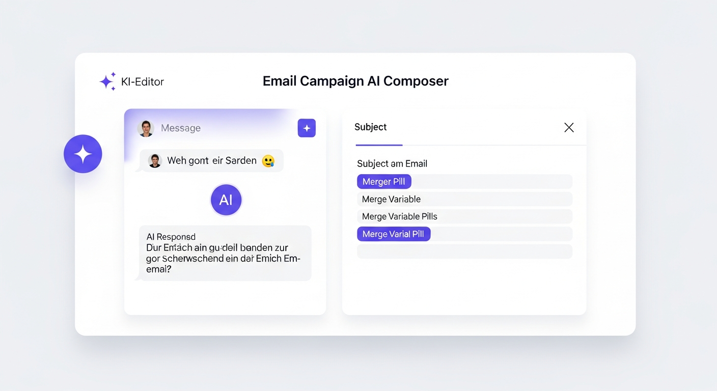 Viali Flows — KI-Editor: Chat-Eingabe links, E-Mail-Vorschau mit Merge-Variablen rechts
