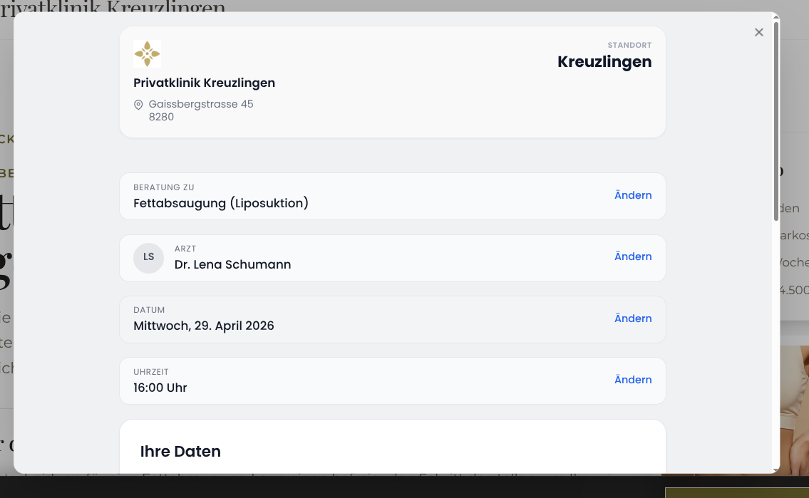 Viali Buchungs-Integration eingebettet auf privatklinik-kreuzlingen.ch