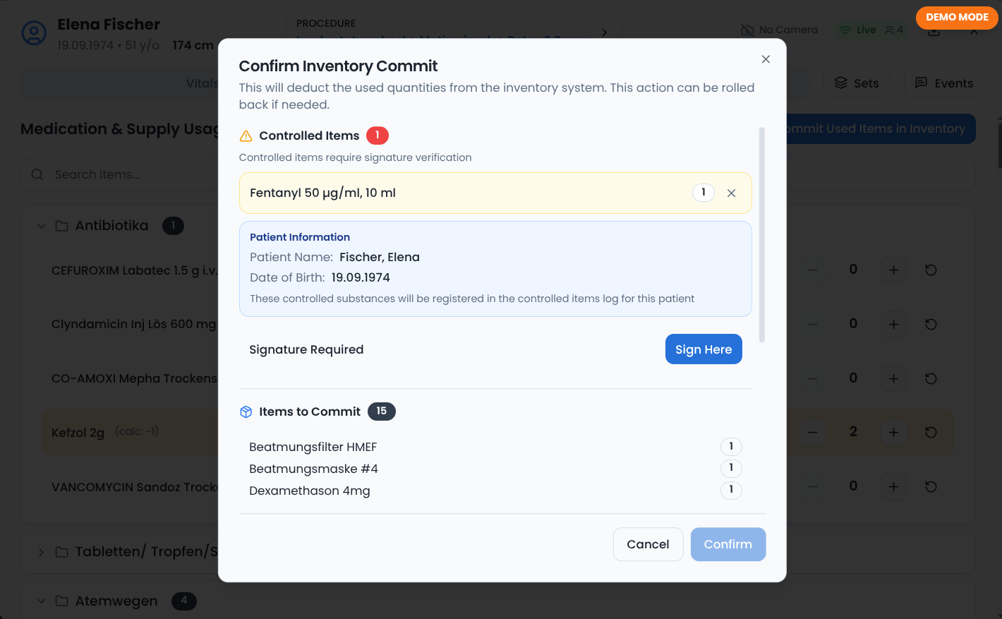 Viali — Inventar-Commit: kontrollierte Substanzen mit Signatur, 15 reguläre Artikel