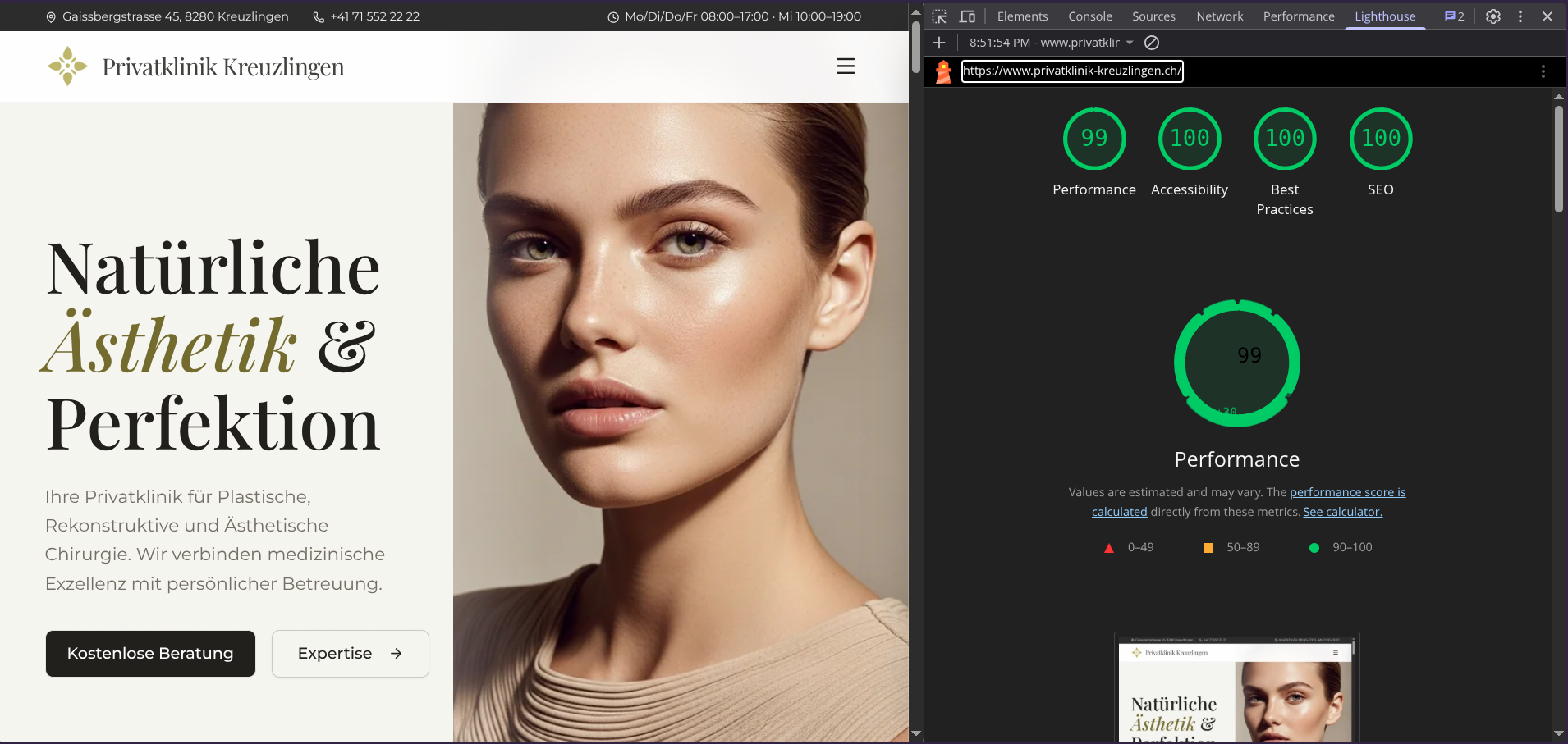 Privatklinik Kreuzlingen — Google Lighthouse Score 99/100/100/100